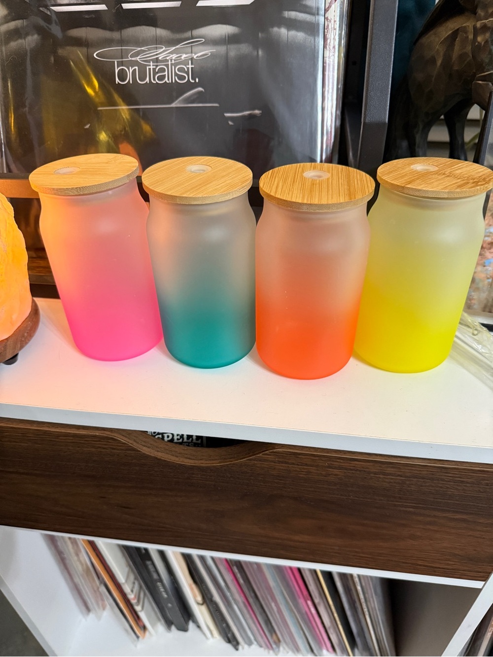 Drinking glasses  Gradient Frosted Glasses with Bamboo Lid - Multi (Set)